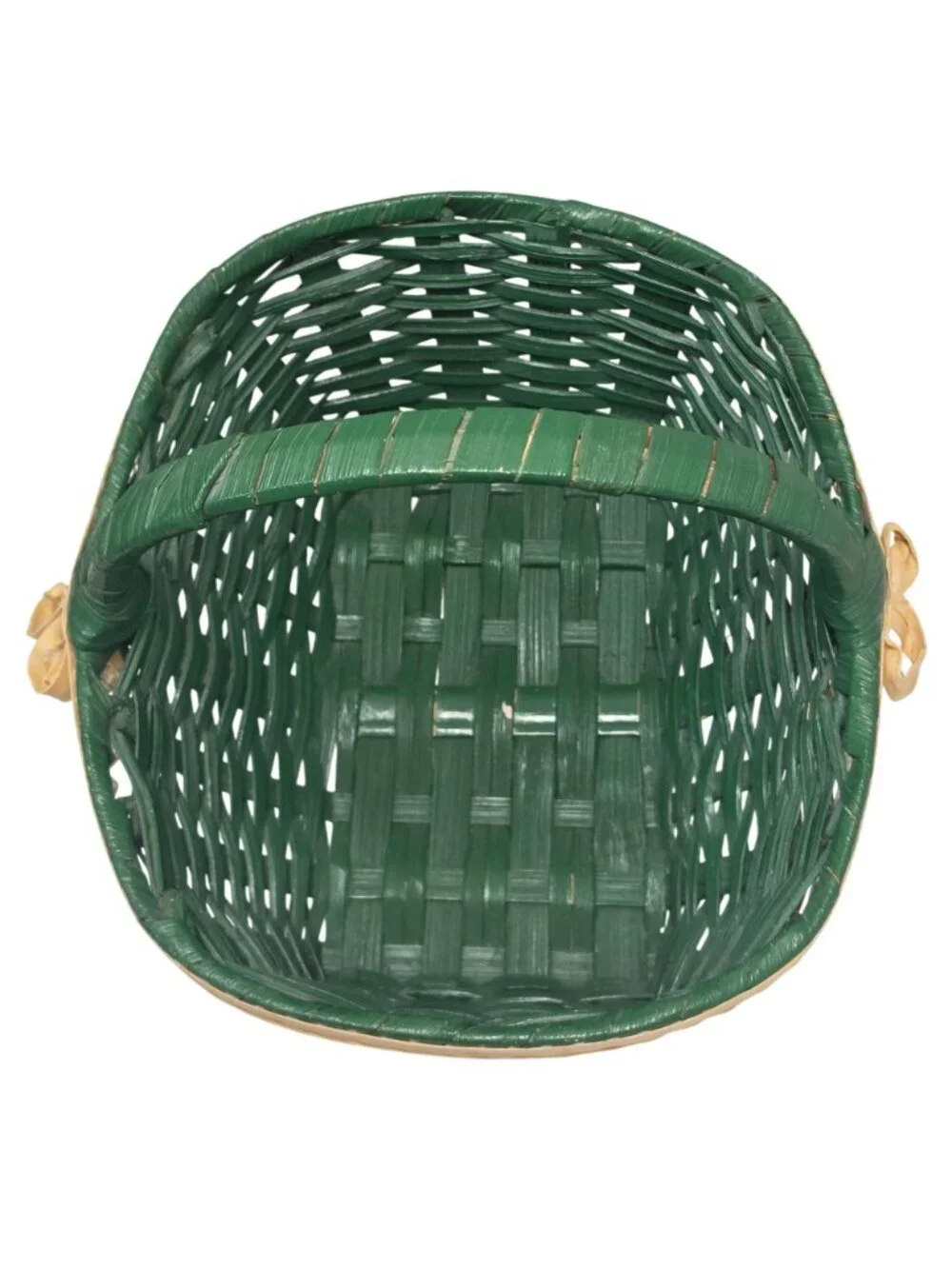 Handwoven Green Woven Basket Floral Painted Lace Trim Handle Easter Gift Basket
